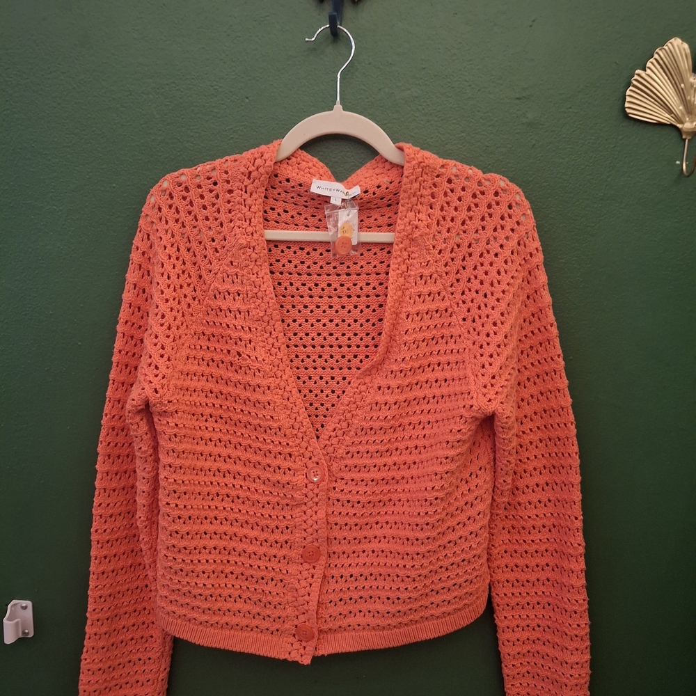 White + Warren Coral Crochet Women's Cardigan